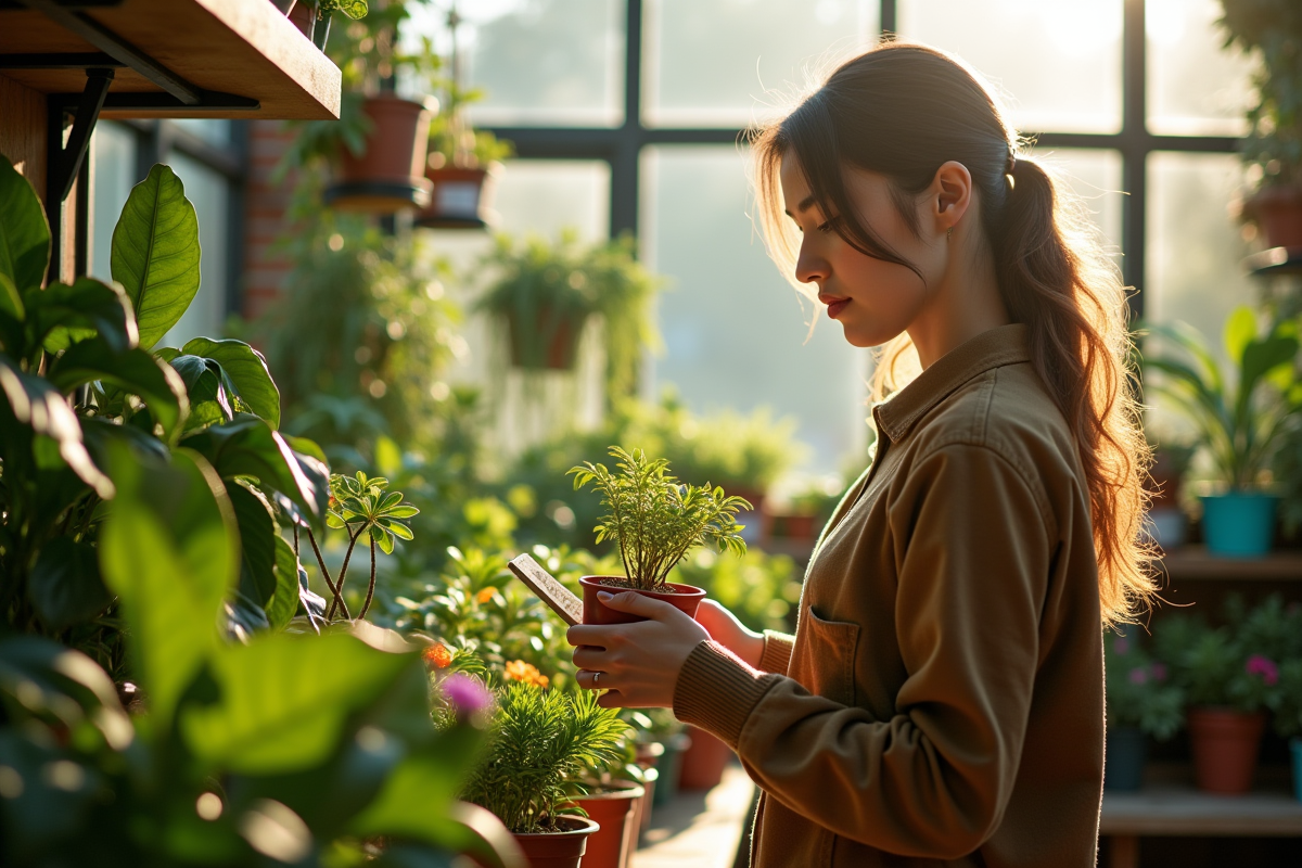Personne choisissant des plantes vertes dans un centre de jardinage ensoleille