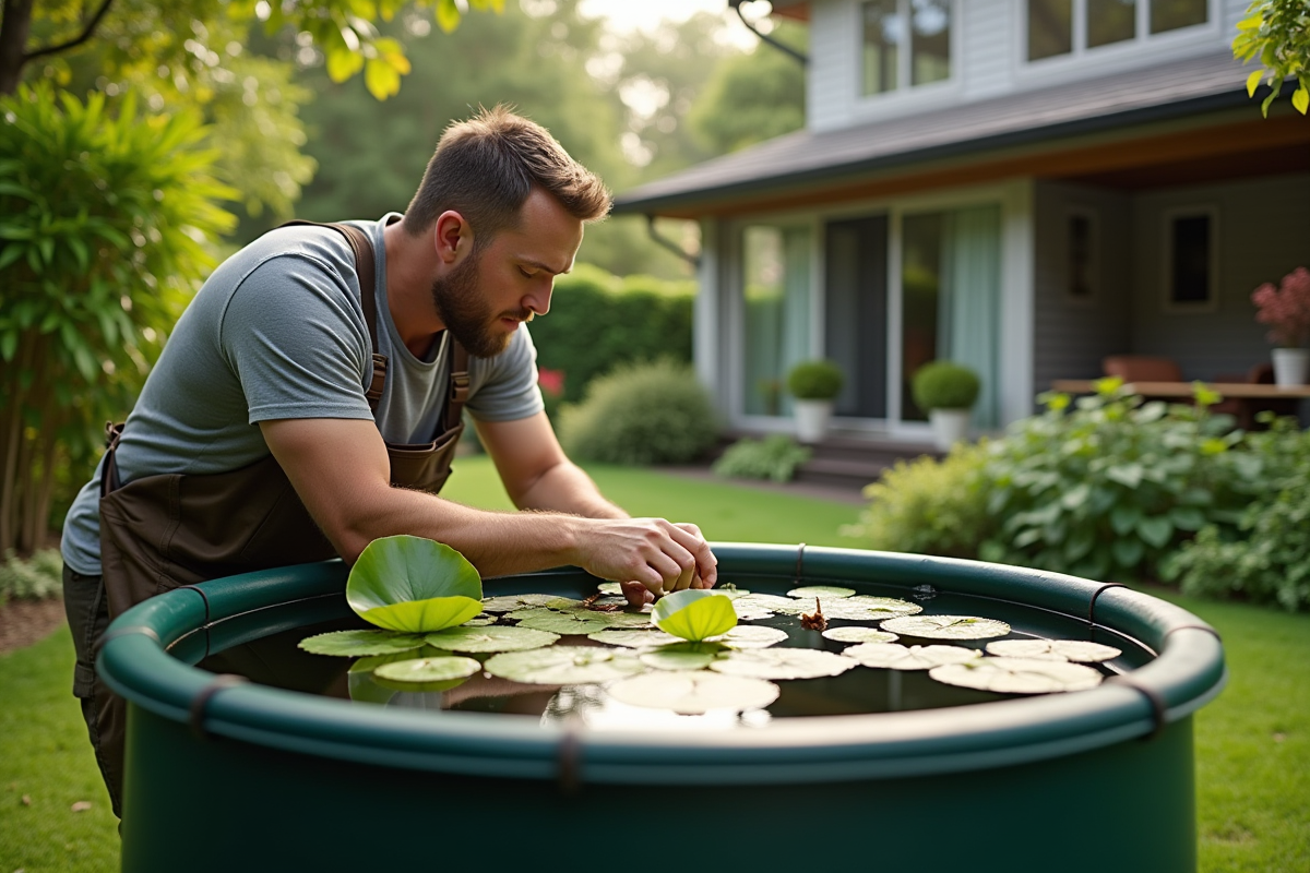 Jardinier inspectant un grand bac d'eau de pluie dans un jardin verdoyant