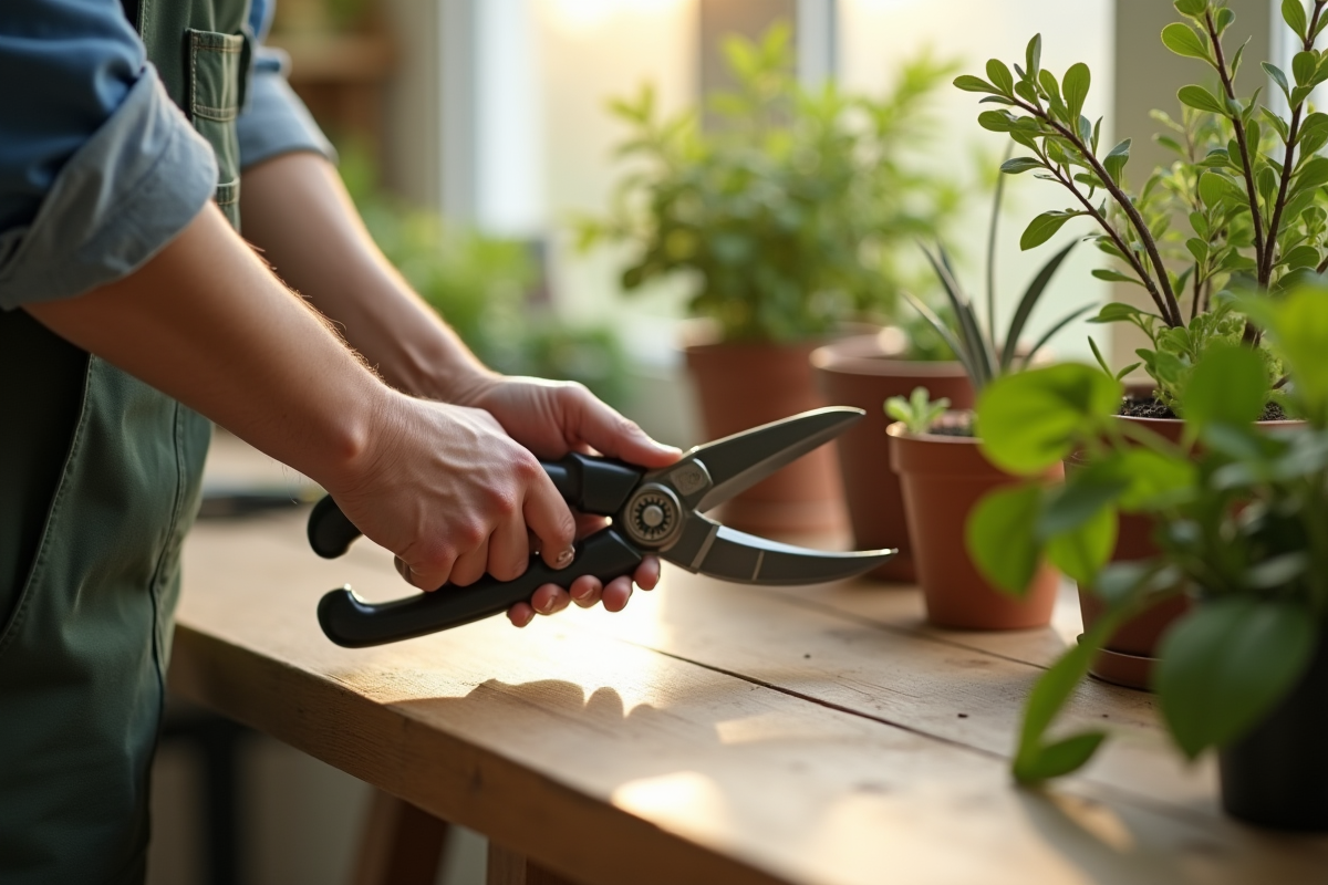 Main de jardinier examinant sécateurs sur table en bois ensoleillée