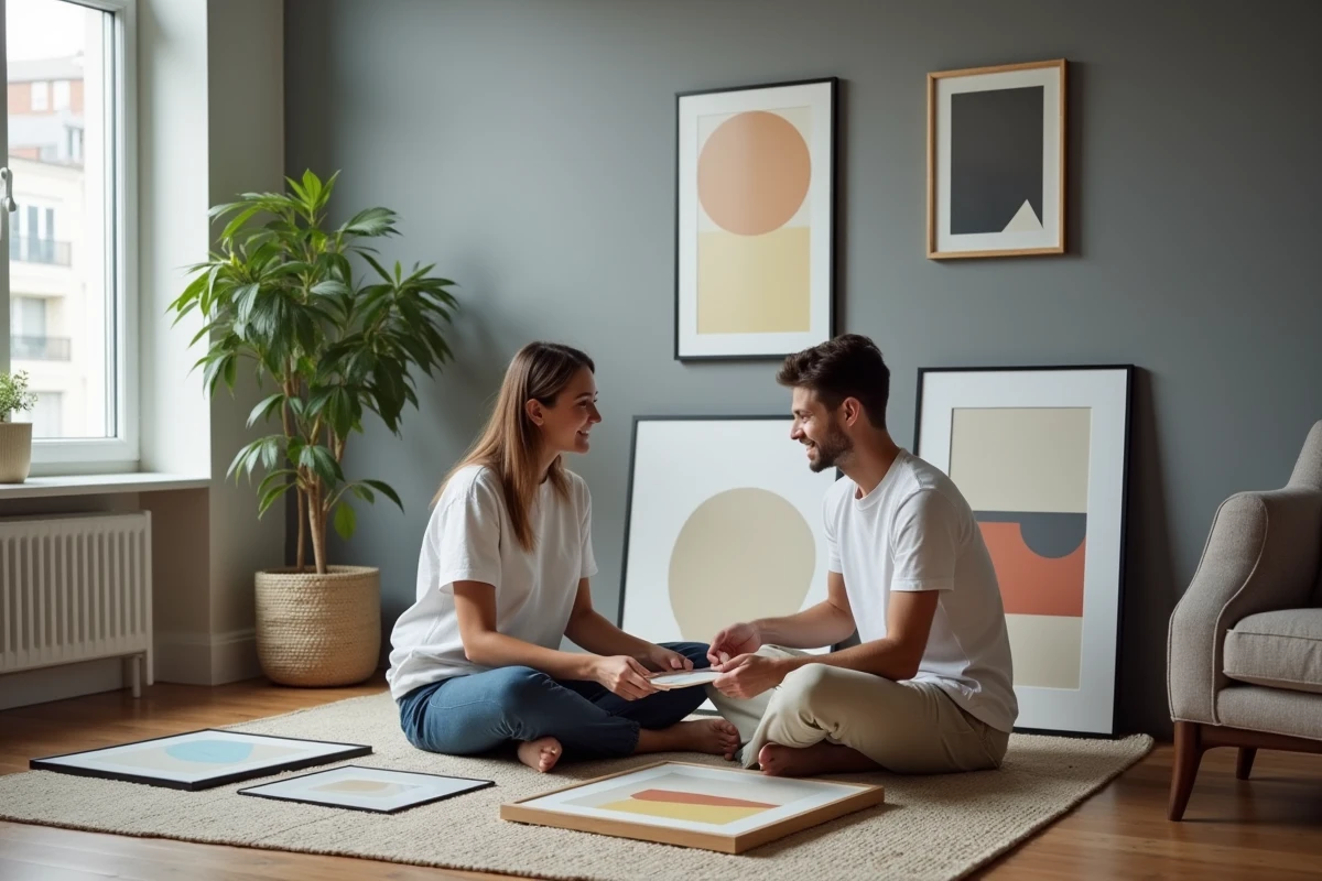 Jeune couple posant des œuvres d
