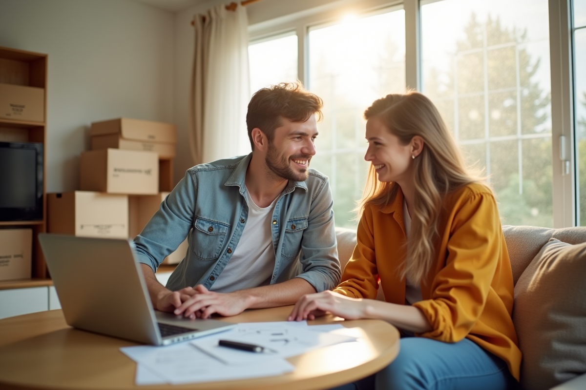 Jeune couple souriant dans leur nouveau logement avec des cartons