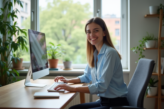 Jeune femme au bureau à domicile ajustant son écran