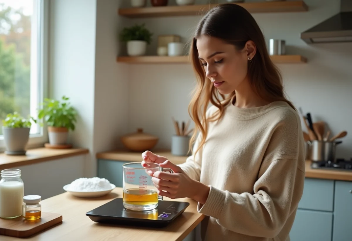 Jeune femme pèse un liquide dans une cuisine moderne