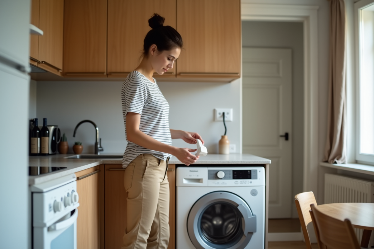 Jeune femme débranche un lave-linge dans une cuisine moderne