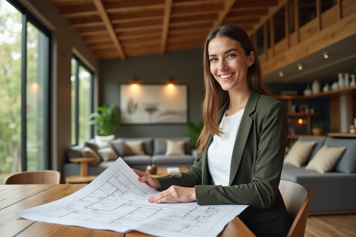 Jeune femme souriante examine plans de maisons écologiques