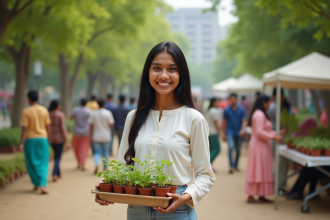 Jeune femme souriante tenant des plantules dans un parc de Surat