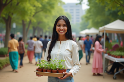 Jeune femme souriante tenant des plantules dans un parc de Surat