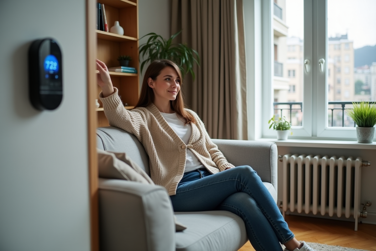 Jeune femme réglant un thermostat intelligent dans son salon