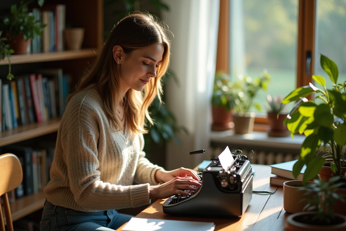Jeune femme tapant sur une machine à écrire dans un bureau cosy