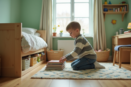 Jeune garçon arrangeant des livres dans sa chambre