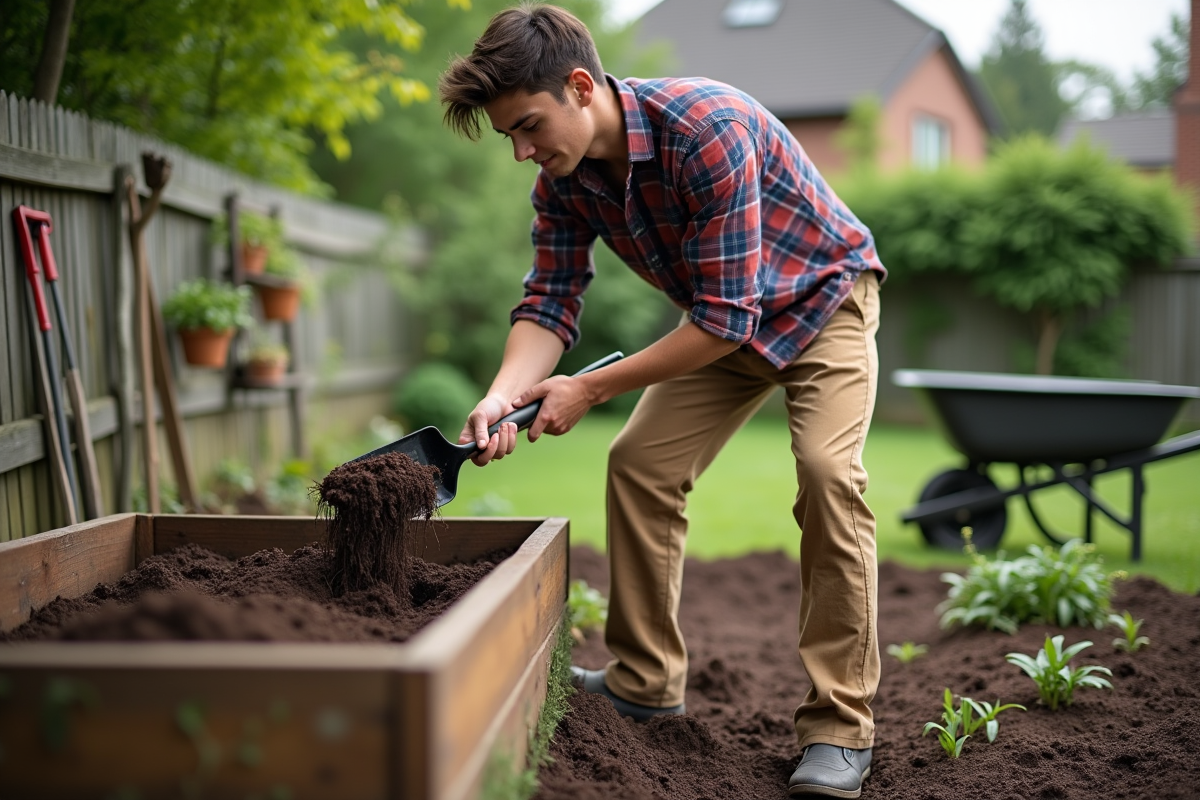 Jeune homme versant du compost dans un jardin avec outils