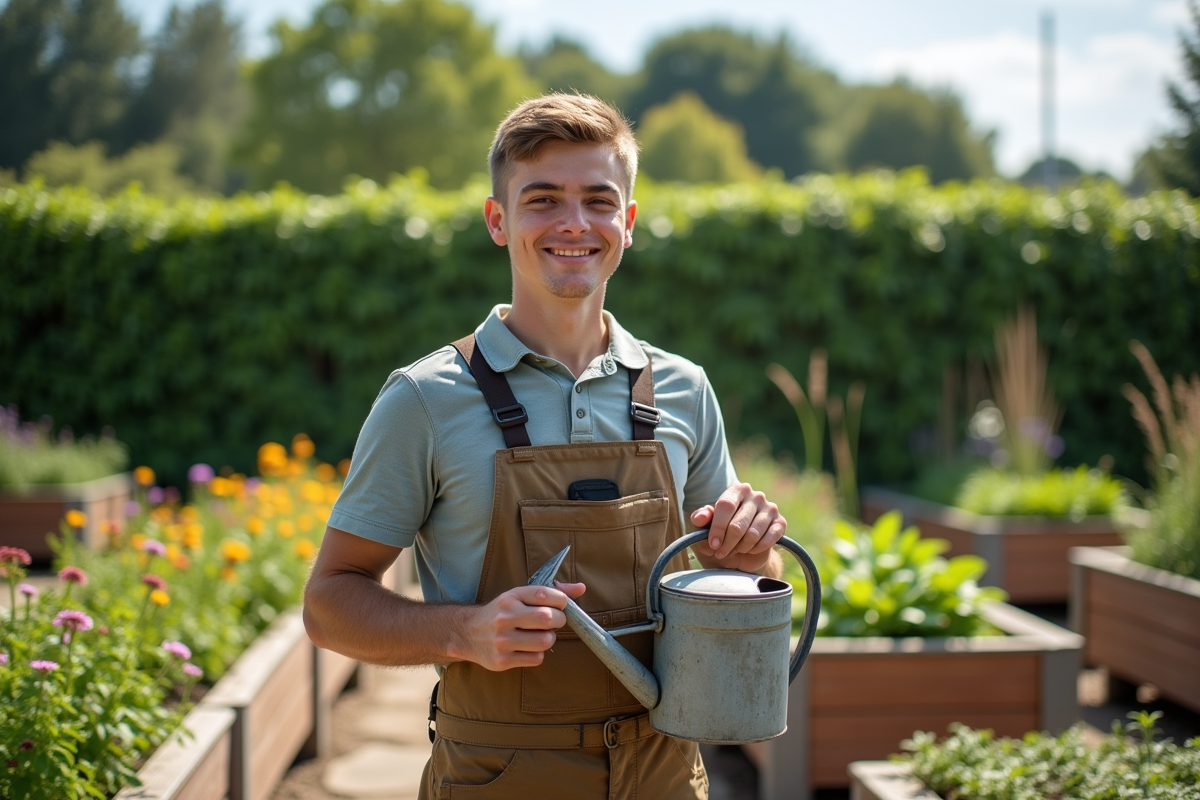 Jeune homme souriant avec arrosoir dans un jardin communautaire