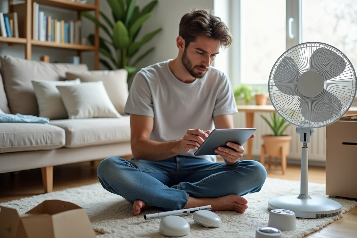 Jeune homme assemble un ventilateur chez lui