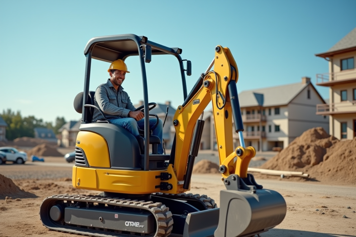 Jeune homme en tenue de chantier utilisant une mini-excavatrice en toute simplicité