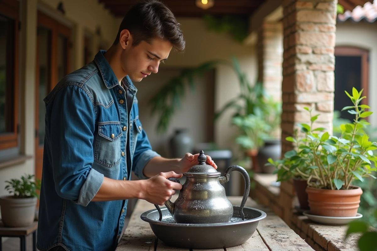 Jeune homme nettoyant un theiere en argent sur un établi