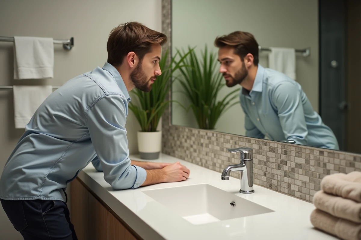 Jeune homme devant un grand lavabo dans une salle de bain moderne