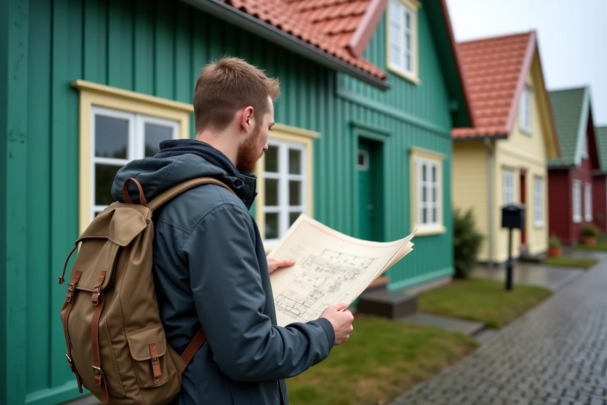 Jeune homme regardant un plan devant une maison en bois verte