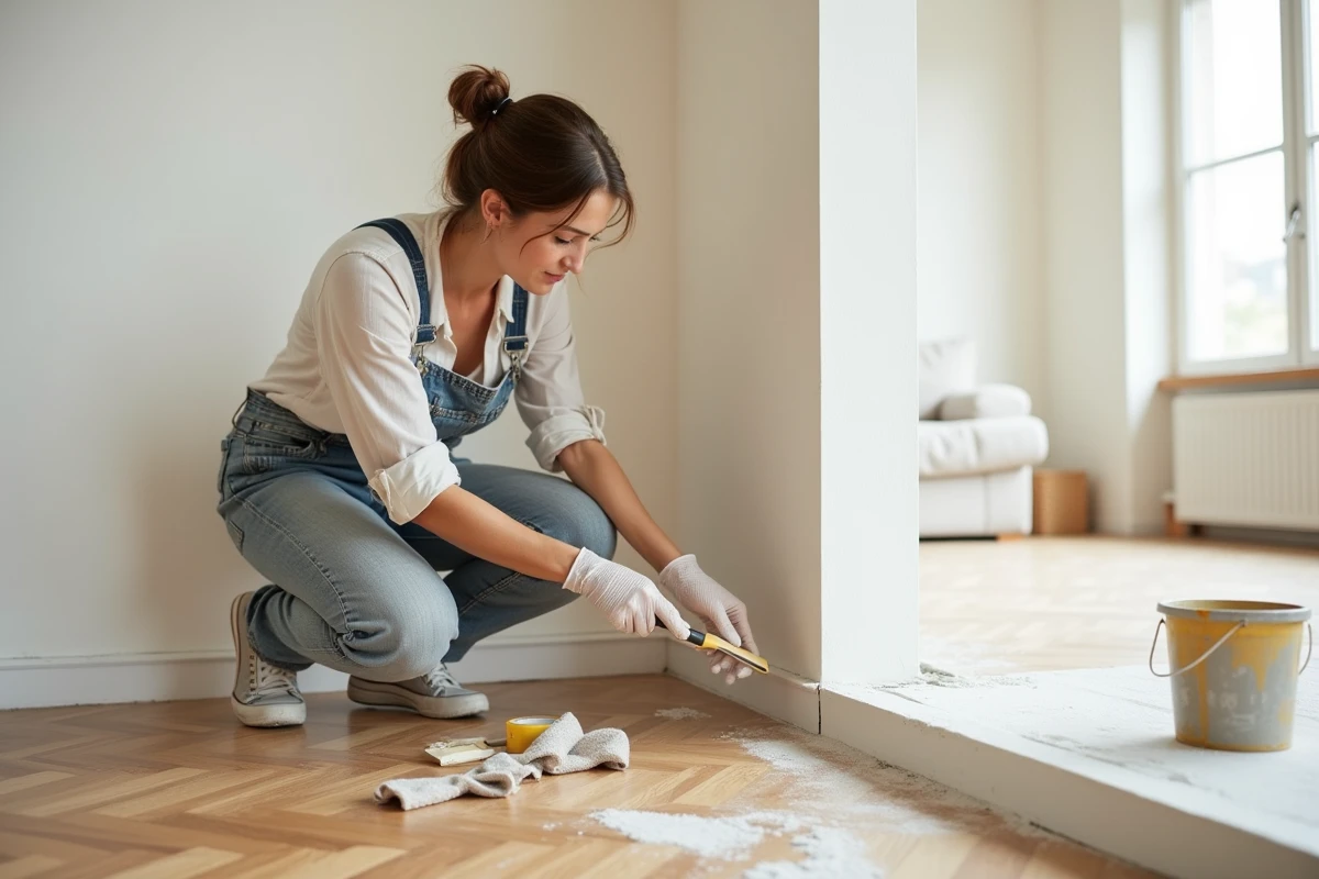 Femme lissant un joint acrylique entre plinthe et mur peint dans un salon en rénovation