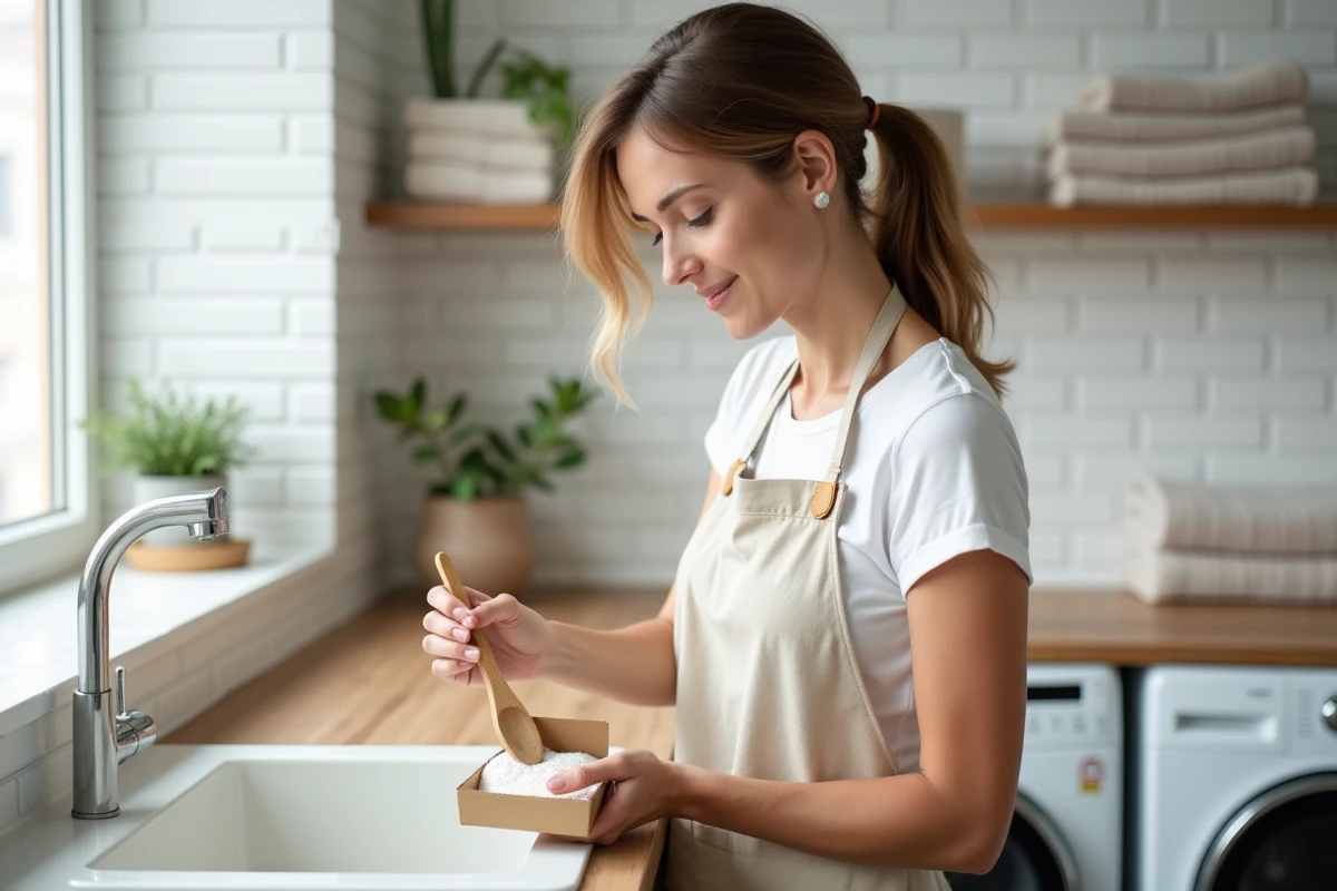 Femme dosant de la lessive en poudre écologique dans une buanderie scandinave épurée