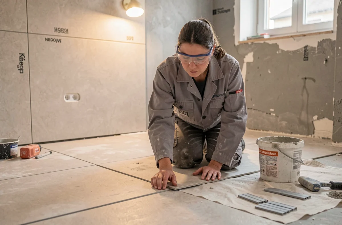 Entrepreneuse en rénovation posant du carrelage grand format lors d'une rénovation complète de salle de bain à Toulouse