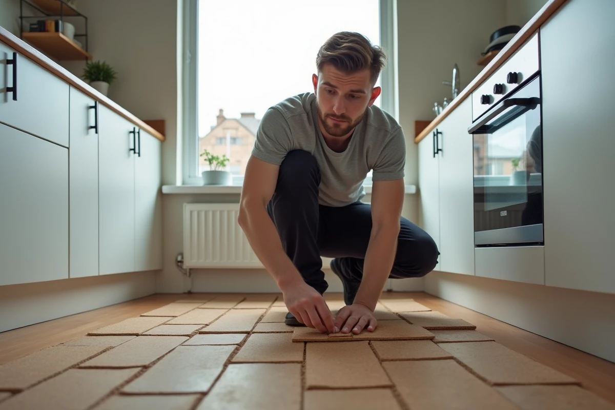 Homme installant des dalles de liège amovibles sur le sol d'une cuisine en location pour une rénovation écologique et réversible