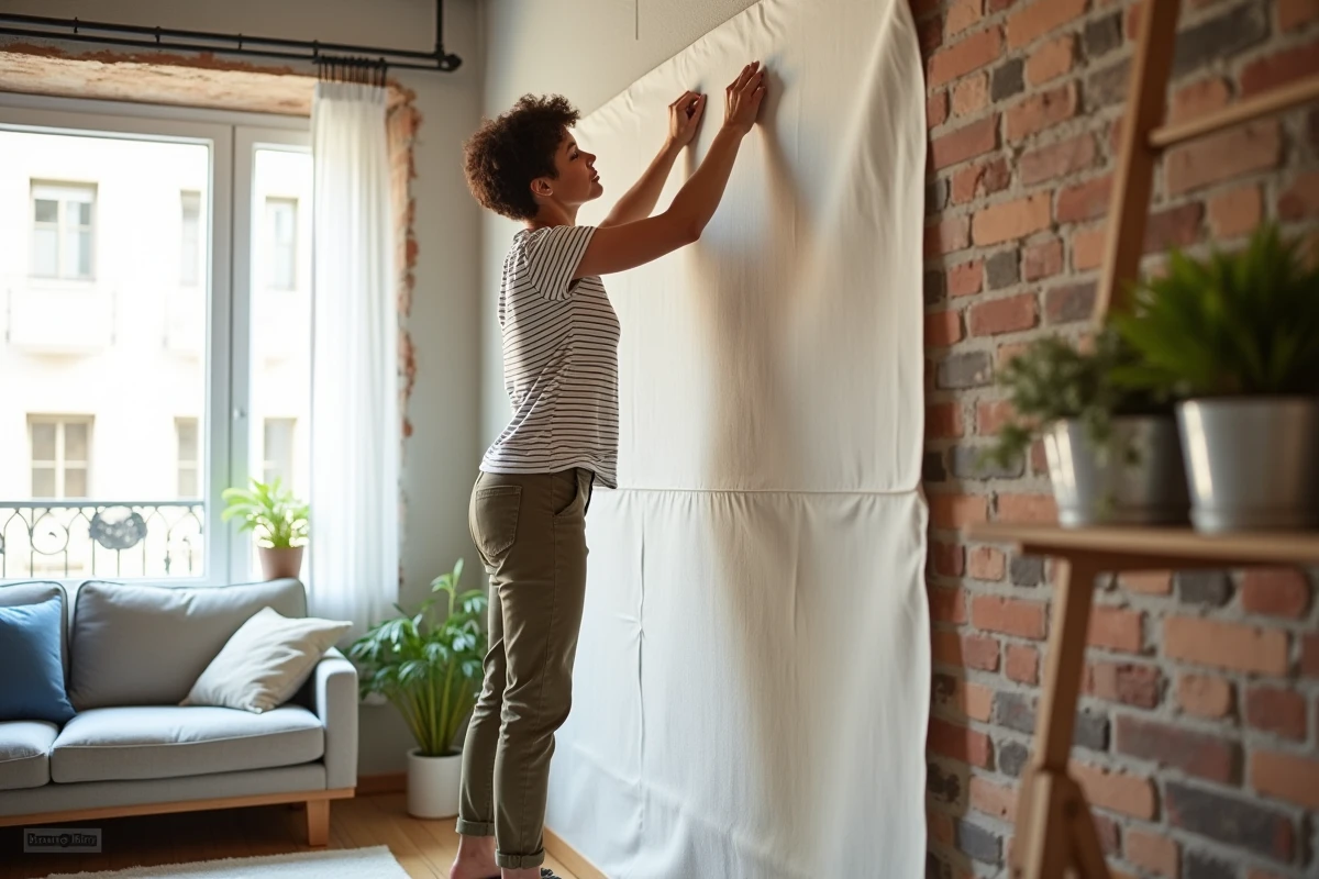 Femme accrochant des panneaux muraux en tissu avec des fixations amovibles dans un studio en location pour une décoration durable et écologique