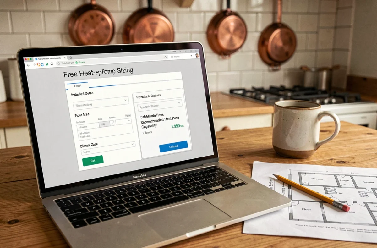 Écran d'ordinateur portable affichant un logiciel gratuit de calcul et dimensionnement de pompe à chaleur sur une table de cuisine avec plans imprimés
