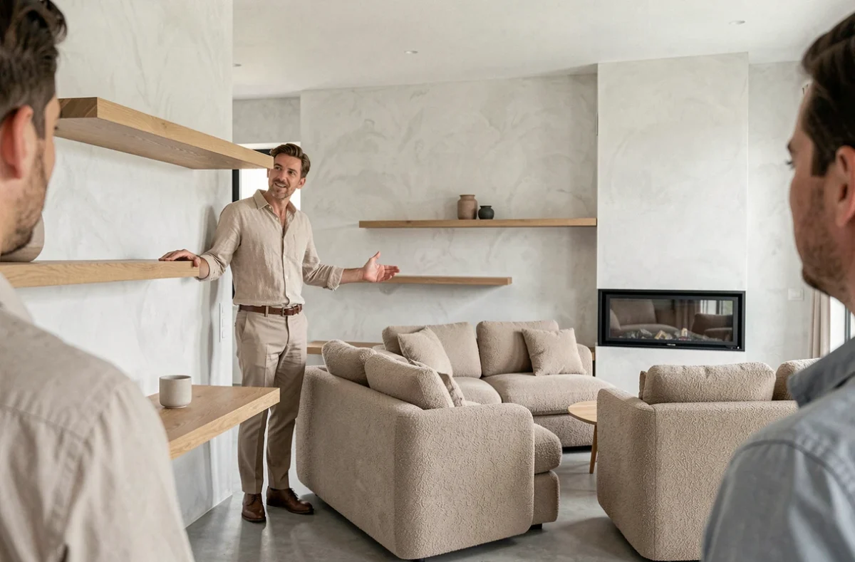 Architecte LP de Saubion présentant un détail de paroi en micro-ciment dans une villa contemporaine minimaliste des Landes