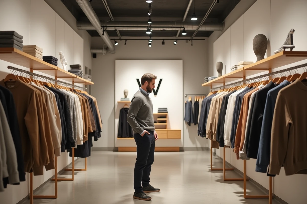 Homme parcourant les rayons d'un magasin de marque en W au design épuré
