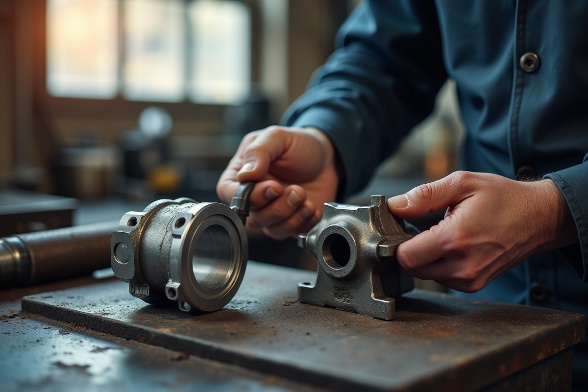 Mains de machiniste comparant une pièce en aluminium brillant et une pièce en fonte robuste