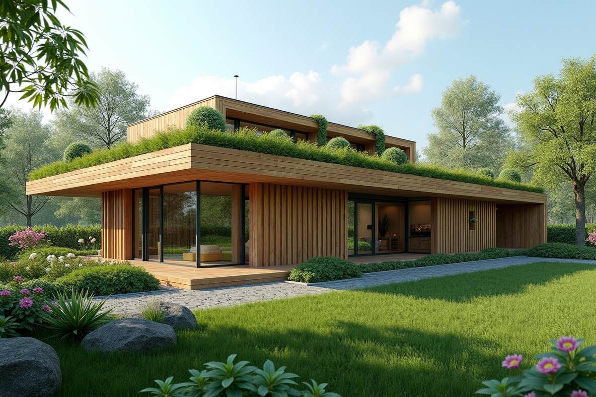 Maison écologique moderne avec toit vert et façade en bois