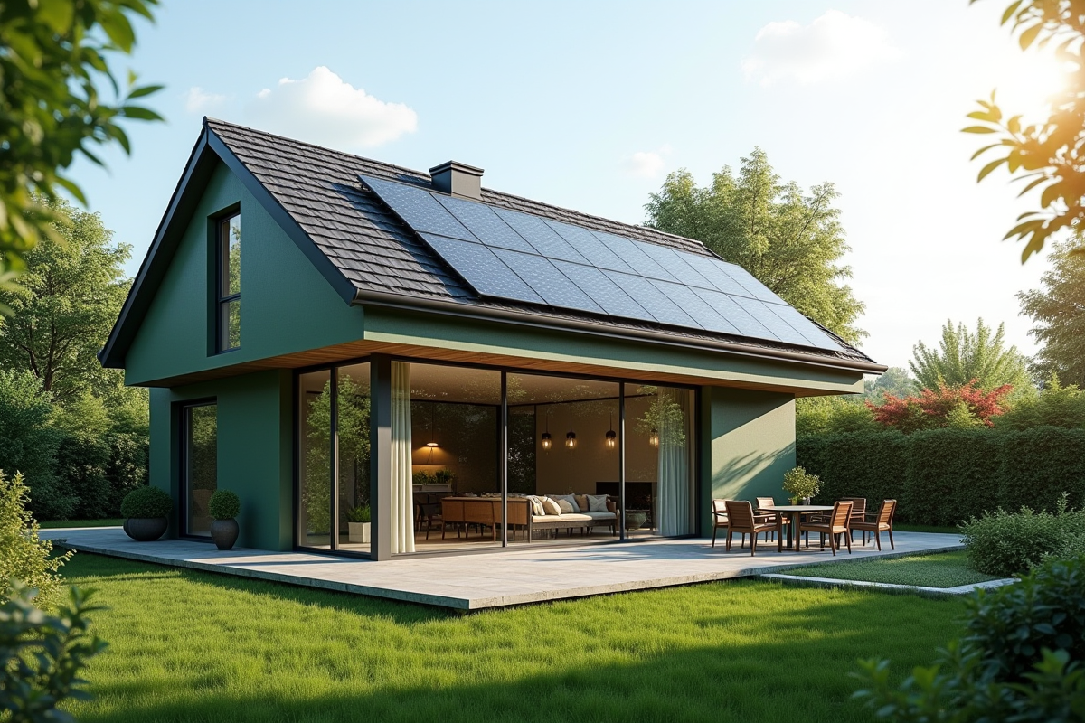 Maison contemporaine avec panneaux solaires et mur végétal