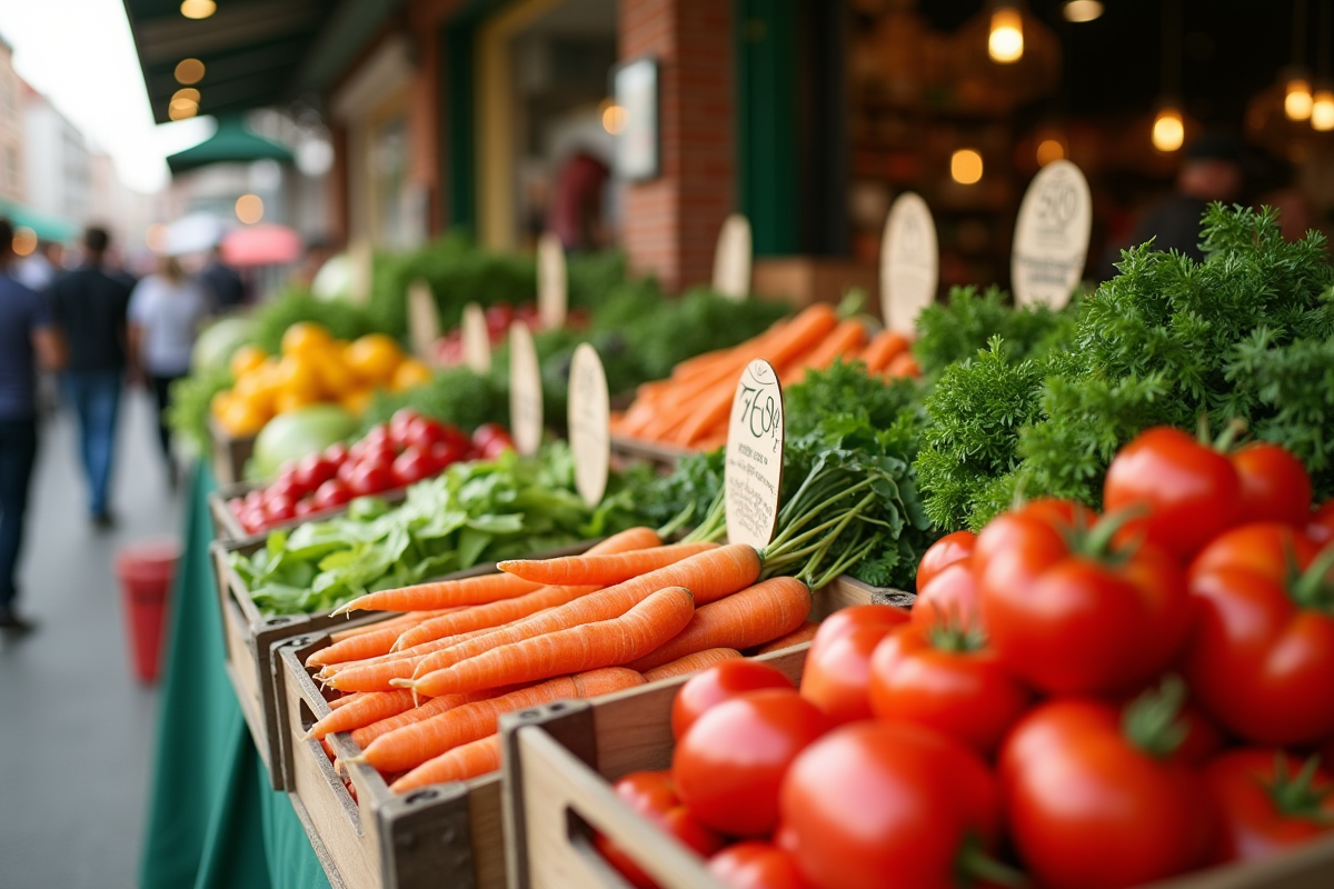 Stand de marché avec légumes frais et colorés