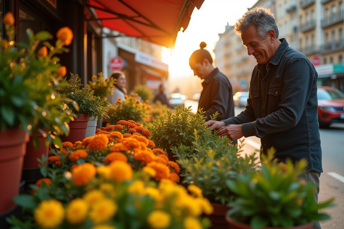 Marché de plantes en plein air avec clients et lumiere du matin