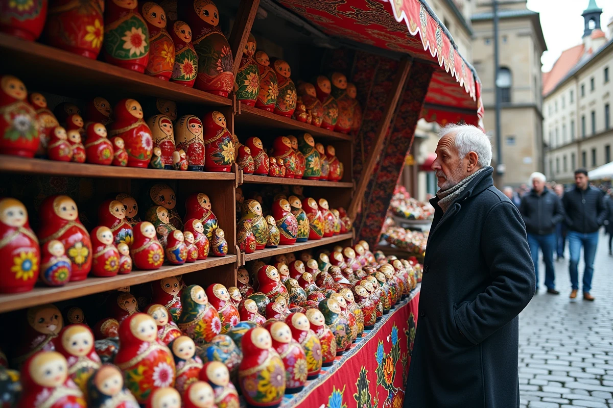 Étal de marché en plein air en Russie proposant des dizaines de poupées matriochka colorées sur des étagères en bois, avec un vendeur et des touristes dans un décor de place historique pavée
