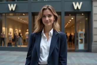 Femme devant une boutique de marque en W dans une rue commerçante moderne