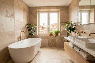 Salle de bain moderne rénovée en Occitanie avec baignoire îlot, carrelage en pierre beige et robinetterie en laiton brossé