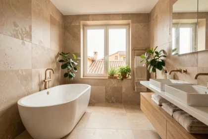 Salle de bain moderne rénovée en Occitanie avec baignoire îlot, carrelage en pierre beige et robinetterie en laiton brossé