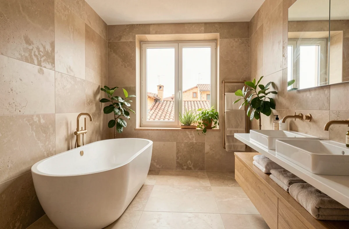 Salle de bain moderne rénovée en Occitanie avec baignoire îlot, carrelage en pierre beige et robinetterie en laiton brossé