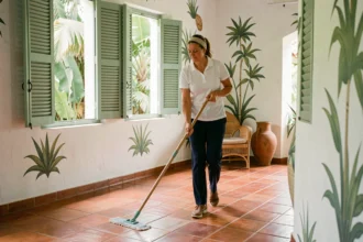 Femme de ménage professionnelle nettoyant le sol carrelé d'une maison créole en Guadeloupe