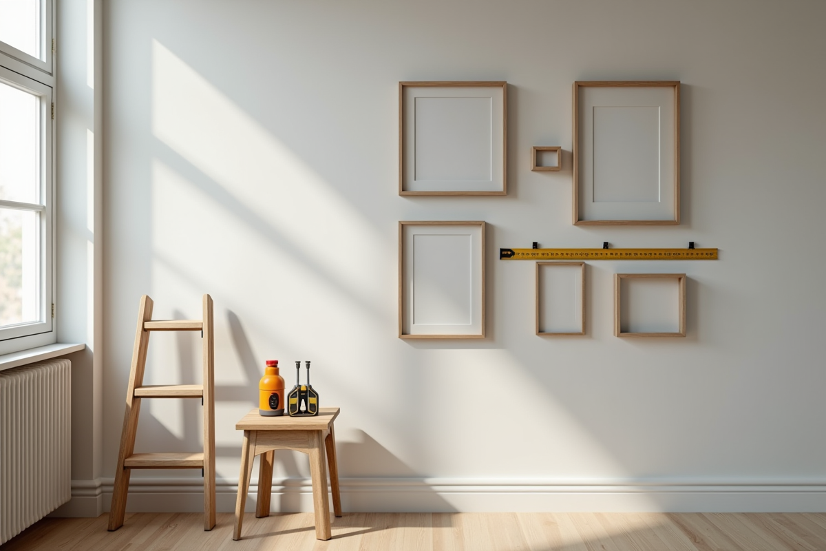 Mains mesurant et alignant des cadres dans un intérieur scandinave