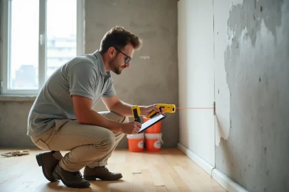 Professionnel mesurant la superficie d'un appartement en rénovation avec un télémètre laser sur parquet