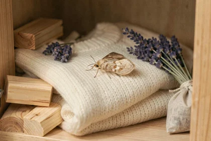 Mite des vêtements posée sur un pull en laine avec des répulsifs naturels comme la lavande et le cèdre dans une armoire
