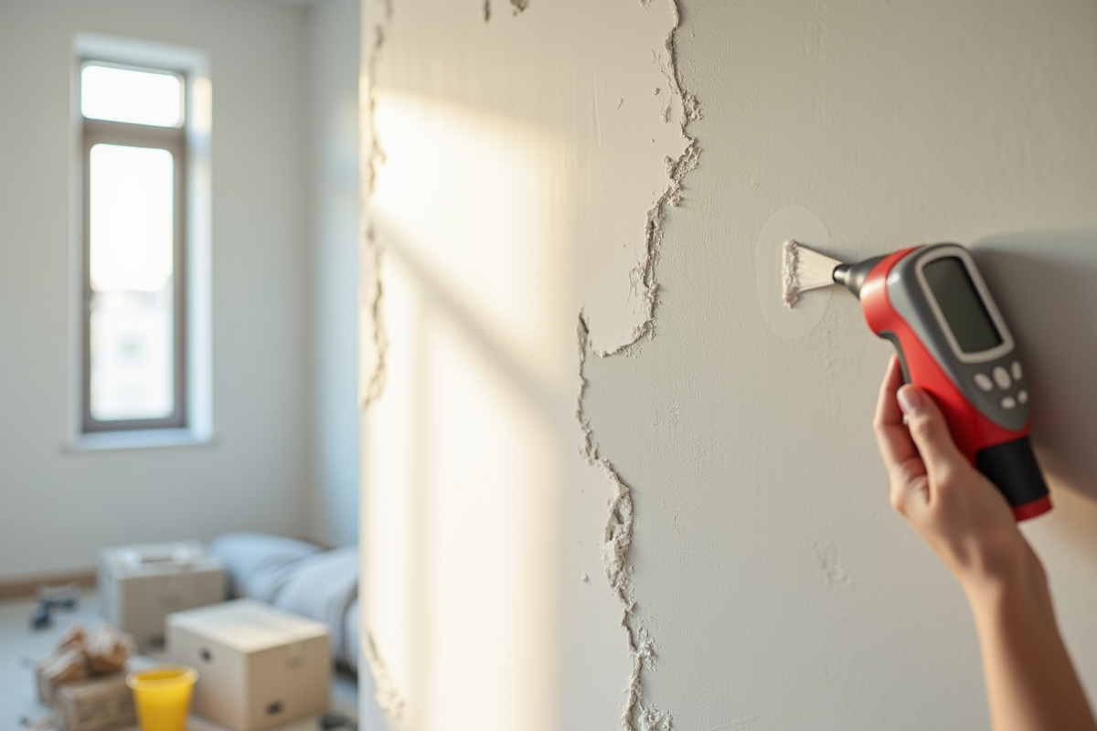 Mur intérieur fraîchement plâtre avec un humidimètre en main