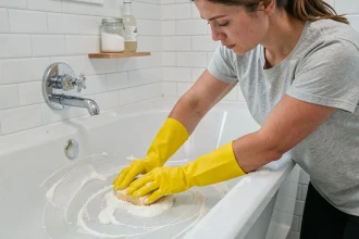 Femme nettoyant une baignoire en acrylique blanche avec un mélange bicarbonate et vinaigre blanc appliqué à l'éponge