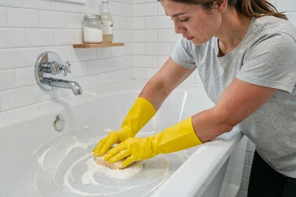 Femme nettoyant une baignoire en acrylique blanche avec un mélange bicarbonate et vinaigre blanc appliqué à l'éponge