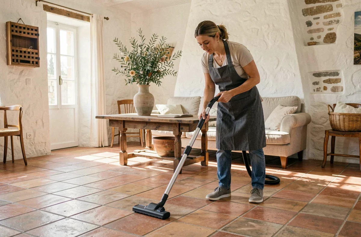Femme de ménage passant l'aspirateur dans un salon de style provençal à Hyères avec des carrelages en terre cuite