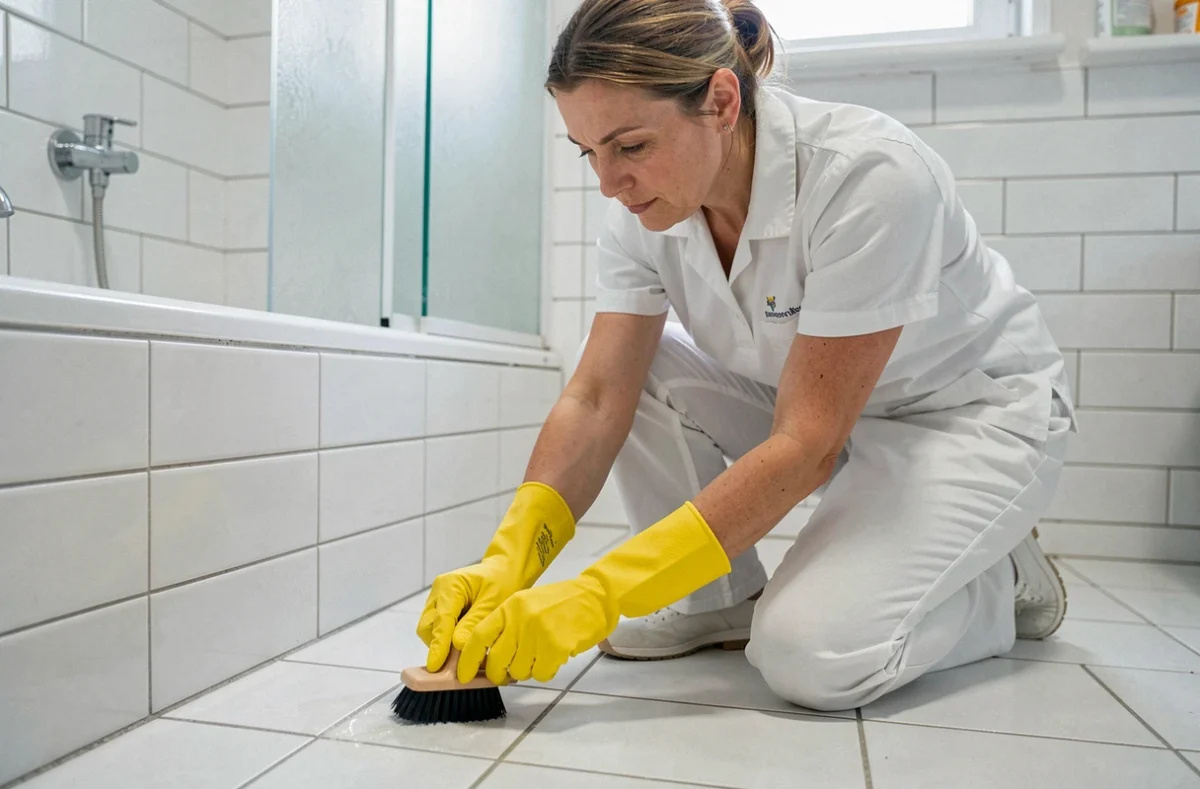 Femme de ménage récurant une baignoire dans une salle de bain d'appartement à Brest