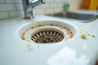 Nid de mouches dans un évier de cuisine propre, vue macro des œufs de mouches dans une fissure de céramique blanche