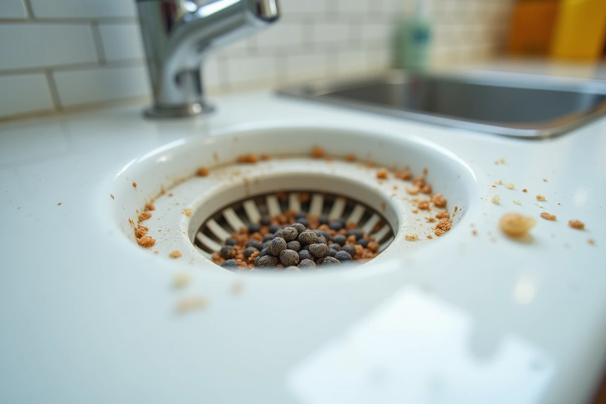 Nid de mouches dans un évier de cuisine propre, vue macro des œufs de mouches dans une fissure de céramique blanche